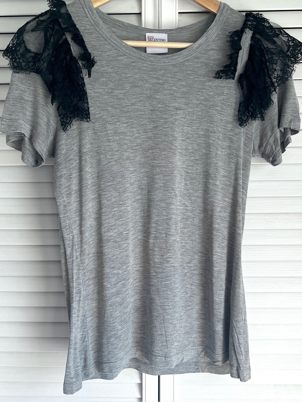 M❤️ RED Valentino Modal Gray Black Lace Embellished Short Sleeve T Shirt